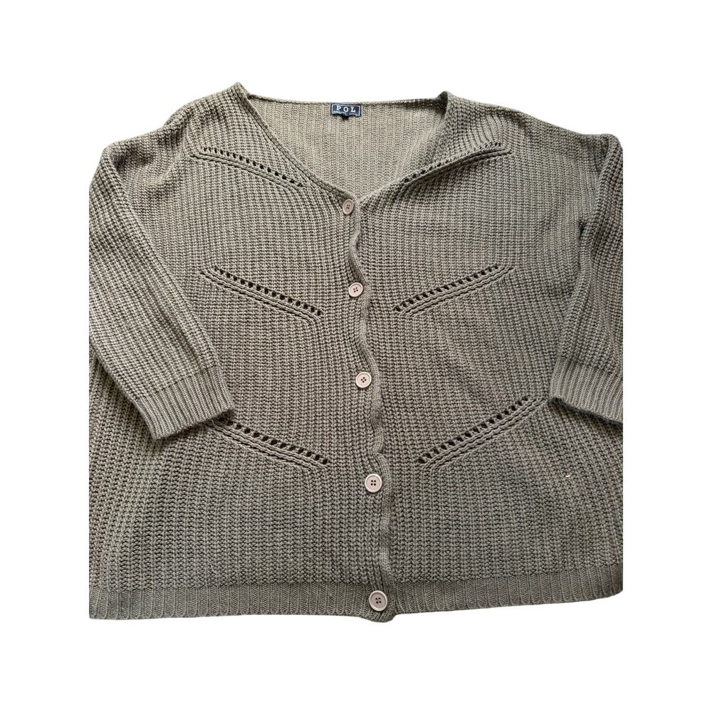 POL Olive Green Pointelle Knit Cardigan Sweater Womens Large Chevron